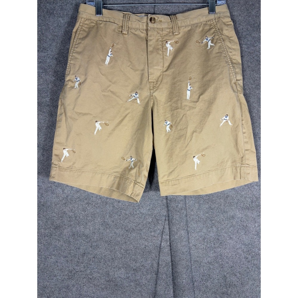 Mens Tan Cotton Chino Shorts All Over Embroidered Tennis Player Motif 31